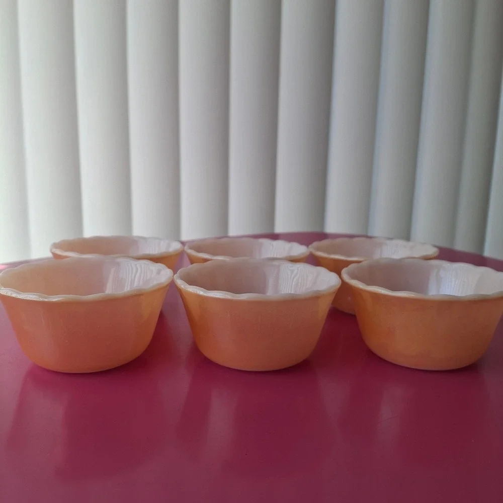 Fire-King Peach Lustre Scalloped Milk Glass Custard Cups Ramekins Set of 6